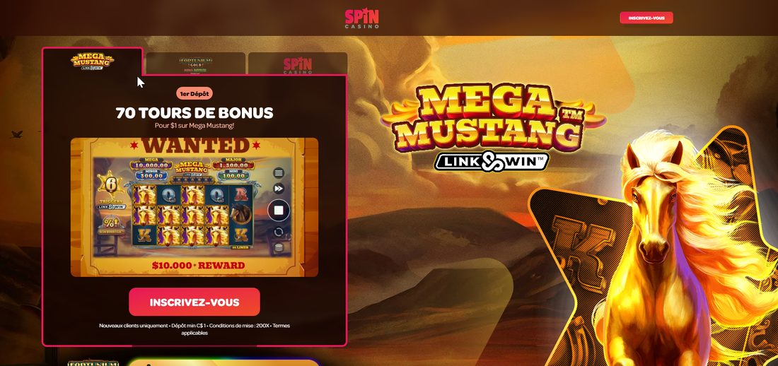 La page de l'offre de bienvenue de Spin Casino : 70 tours de bonus pour 1 $ sur Mega Mustang